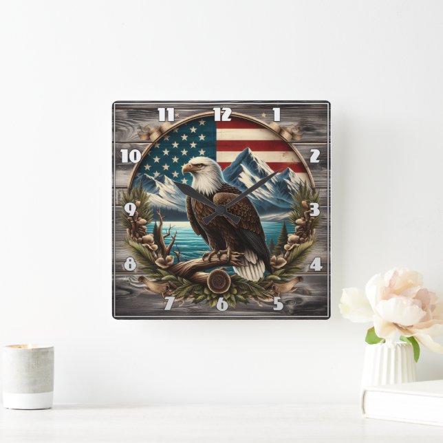 Majestic Eagle Against American Landscape Square Wall Clock (Home)