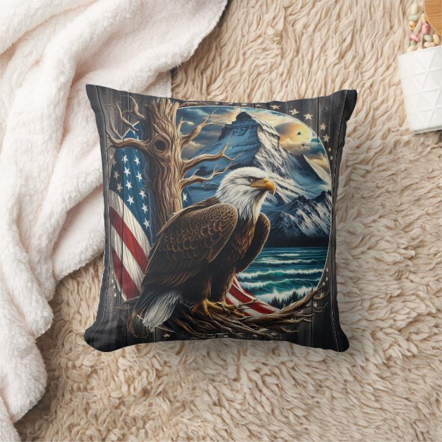 Majestic Eagle Against Scenic American Background Throw Pillow (Blanket)