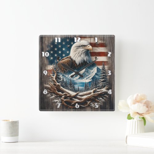 Majestic Eagle Among Mountains and American Flag Square Wall Clock