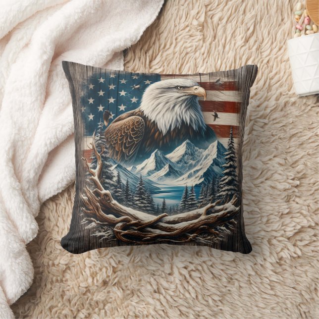 Majestic Eagle Among Mountains and American Flag Throw Pillow (Blanket)