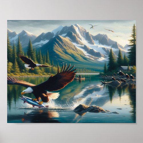 Majestic Eagle Capturing Fish at Sunrise 10x8 Poster