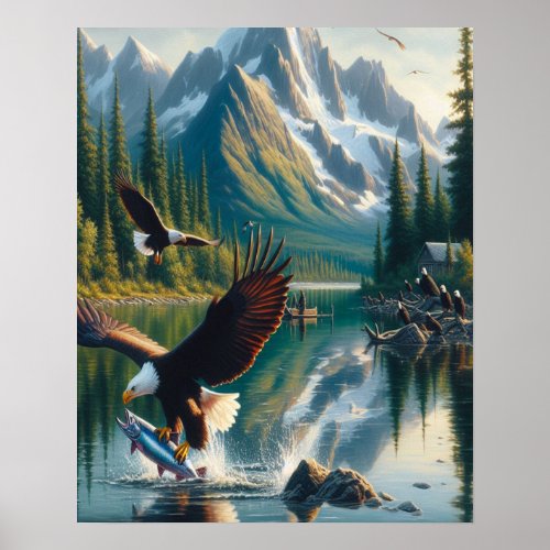 Majestic Eagle Capturing Fish at Sunrise 16x20 Poster