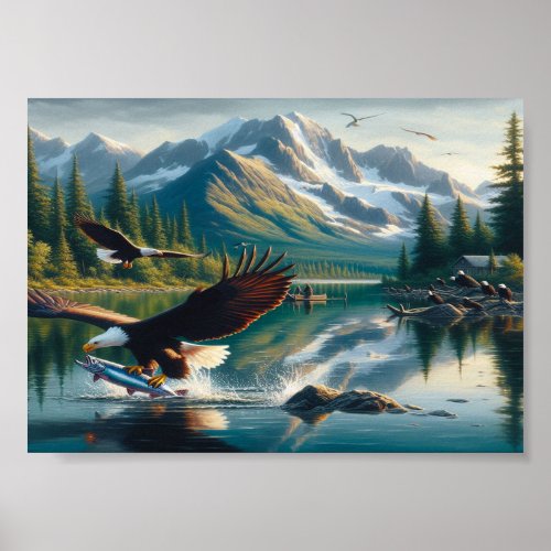 Majestic Eagle Capturing Fish at Sunrise 7x5 Poster
