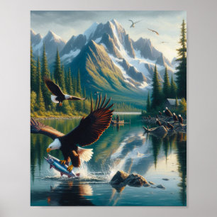 Majestic Eagle Capturing Fish at Sunrise 8x10 Poster