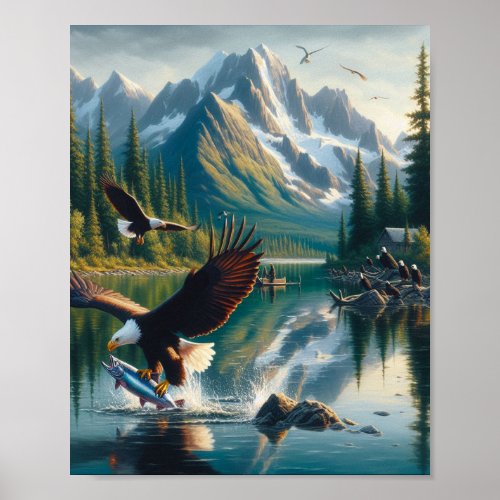 Majestic Eagle Capturing Fish at Sunrise 8x10 Poster