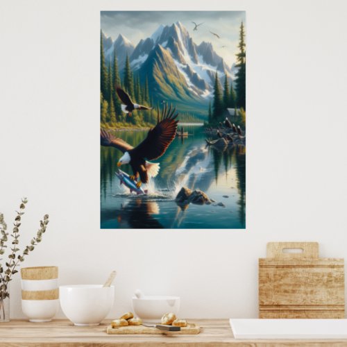 Majestic Eagle Capturing Fish at Sunrise  Poster