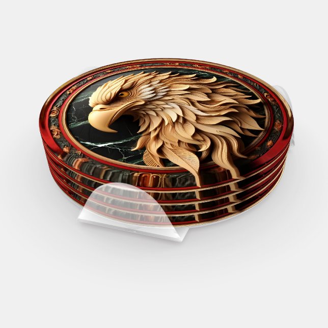Majestic Eagle Carved in Circle Coaster Set (Set)