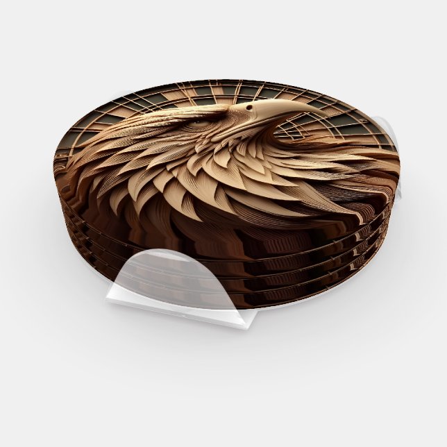 Majestic Eagle Carved in Wooden Basket Coaster Set (Set)
