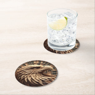 Majestic Eagle Carved in Wooden Basket Round Paper Coaster