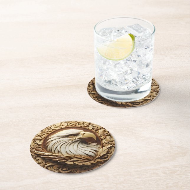 Majestic Eagle Carved Wooden  Round Paper Coaster (Insitu)