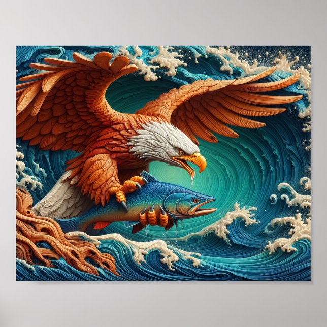 Majestic Eagle Fishing in a wave 10x8 Poster (Front)