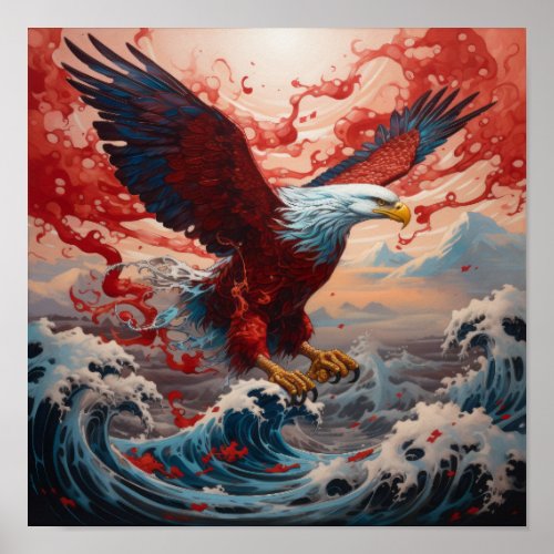 Majestic Eagle in Flight Poster - Striking Red Bac