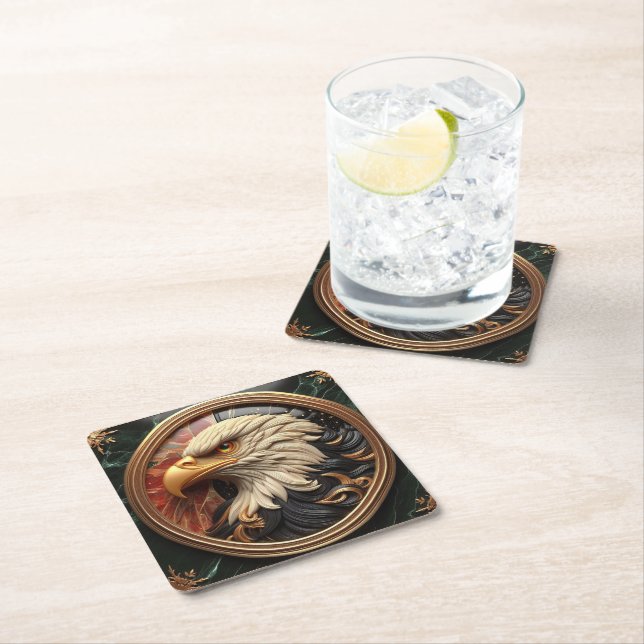 Majestic Eagle in Gleaming Gold Frame Square Paper Coaster (Insitu)