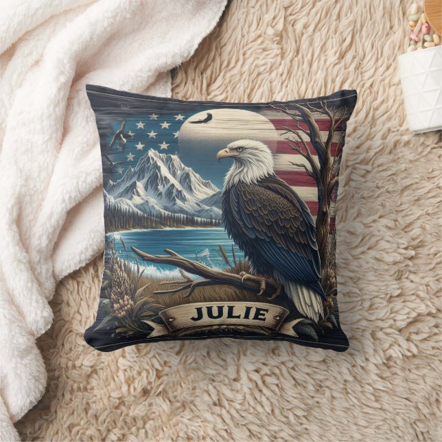 Majestic Eagle Near Mountains and American Flag Throw Pillow (Blanket)