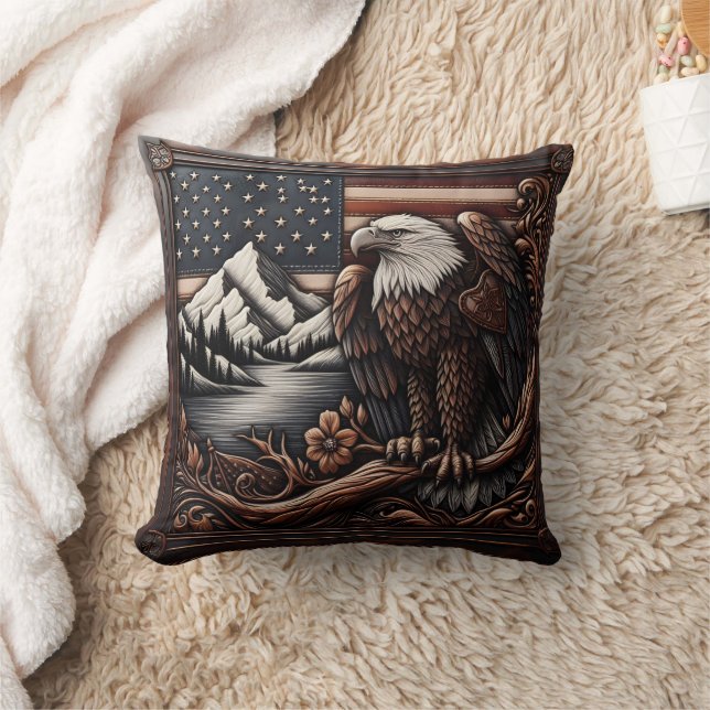 Majestic Eagle on American Flag Relief Artwork Throw Pillow (Blanket)