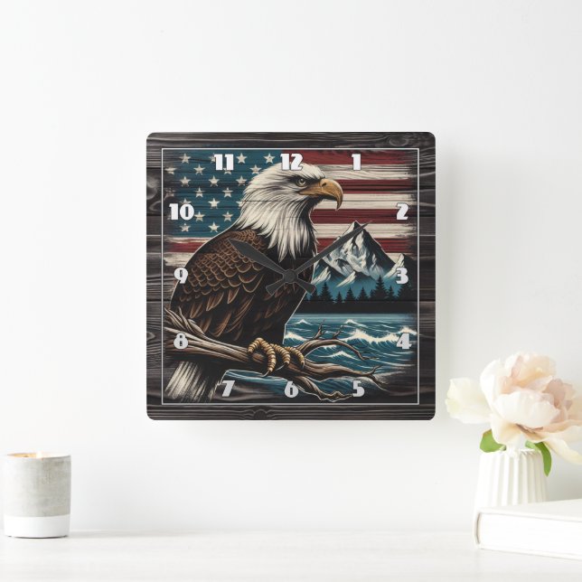 Majestic Eagle on Branch With American Theme Square Wall Clock (Home)