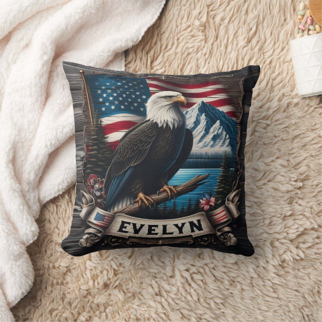 Majestic Eagle on Branch With Mountains and Flag Throw Pillow (Blanket)