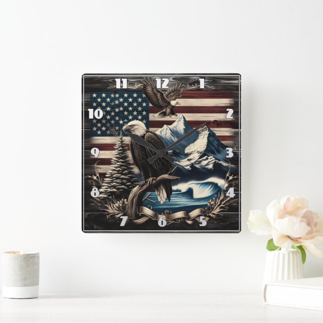 Majestic Eagle Over American Landscape at Dusk Square Wall Clock (Home)