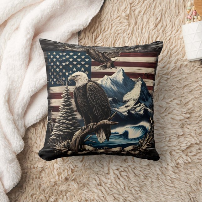 Majestic Eagle Over American Landscape at Dusk Throw Pillow (Blanket)