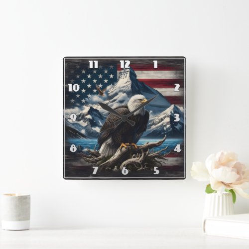 Majestic Eagle Over Mountains and American Flag Square Wall Clock