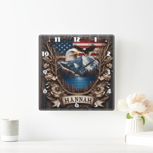 Majestic Eagle Over Mountains and American Flag Square Wall Clock