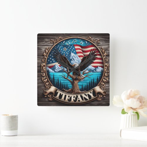 Majestic Eagle Over Mountains and American Flag Square Wall Clock