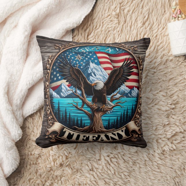 Majestic Eagle Over Mountains and American Flag Throw Pillow (Blanket)