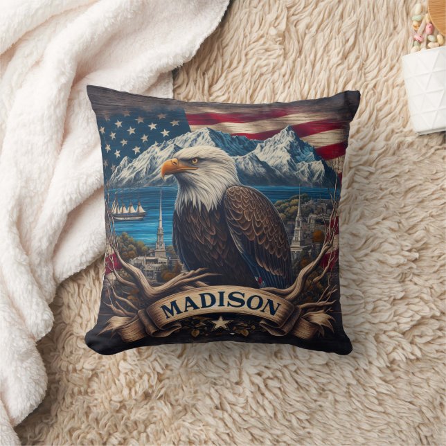 Majestic Eagle Overlooking Madison Landscape Throw Pillow (Blanket)