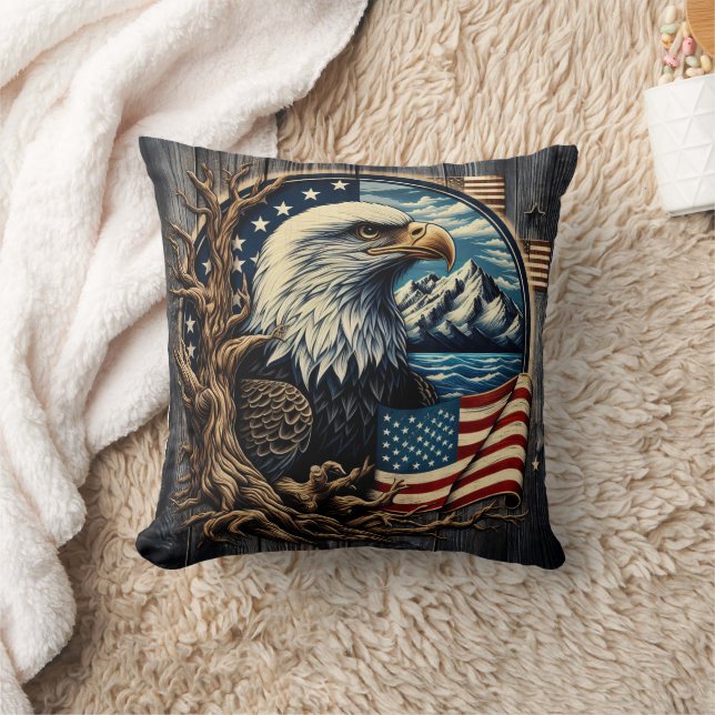 Majestic Eagle Overlooking Mountain Lake Throw Pillow (Blanket)