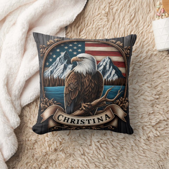 Majestic Eagle Overlooking Mountainous Landscape Throw Pillow (Blanket)