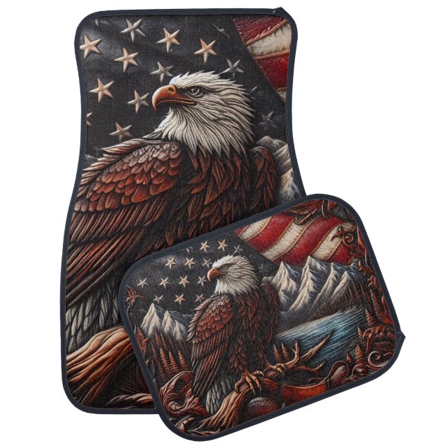 Majestic Eagle Overlooking Mountains and Flag Car Floor Mat (Set)