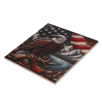 Majestic Eagle Overlooking Mountains and Flag Ceramic Tile