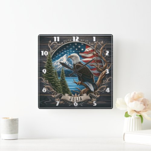 Majestic Eagle Overlooking Mountains and Flag Square Wall Clock