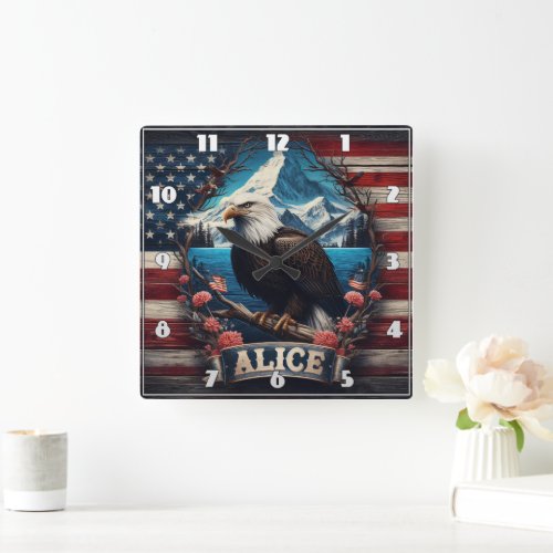 Majestic Eagle Overlooking Mountains and Flag Square Wall Clock