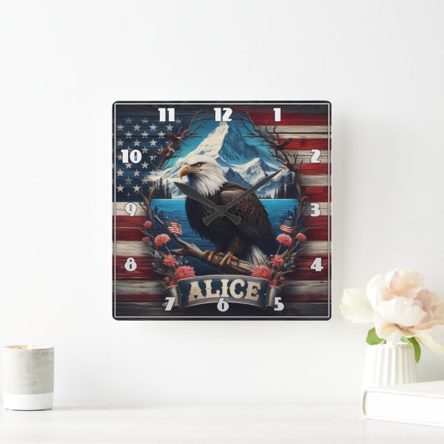 Majestic Eagle Overlooking Mountains and Flag Square Wall Clock (Home)
