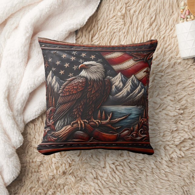 Majestic Eagle Overlooking Mountains and Flag Throw Pillow (Blanket)