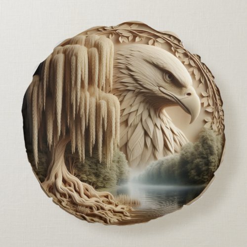 Majestic Eagle Overlooking Serene Lake  Round Pillow
