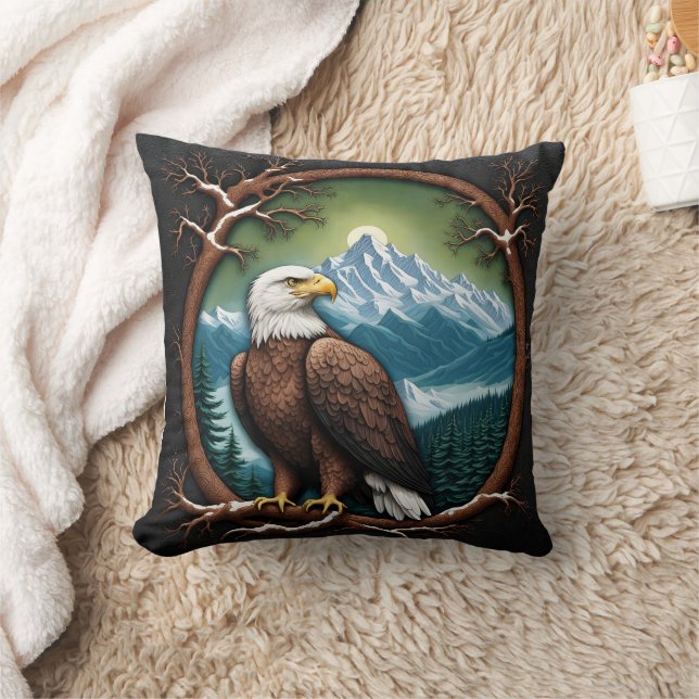 Majestic Eagle Overlooking Snowy Mountains Throw Pillow (Blanket)