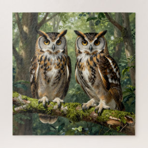 Majestic Eagle Owls Forest Perch Jigsaw Puzzle
