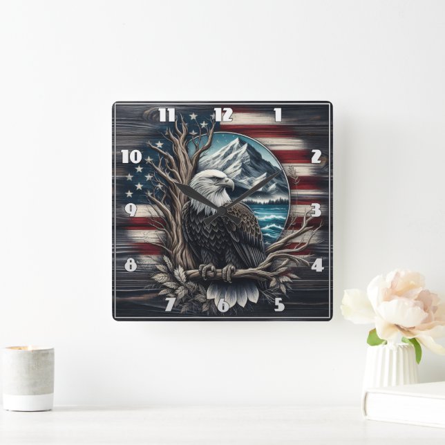Majestic Eagle Perched Against Mountain Landscape Square Wall Clock (Home)
