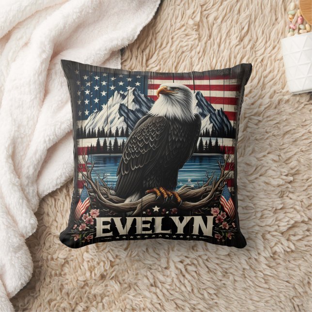 Majestic Eagle Perched Before American Landscape Throw Pillow (Blanket)