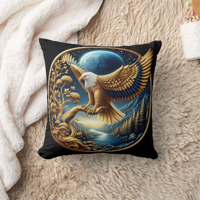 Majestic Eagle Perched by a Serene River Throw Pillow (Blanket)