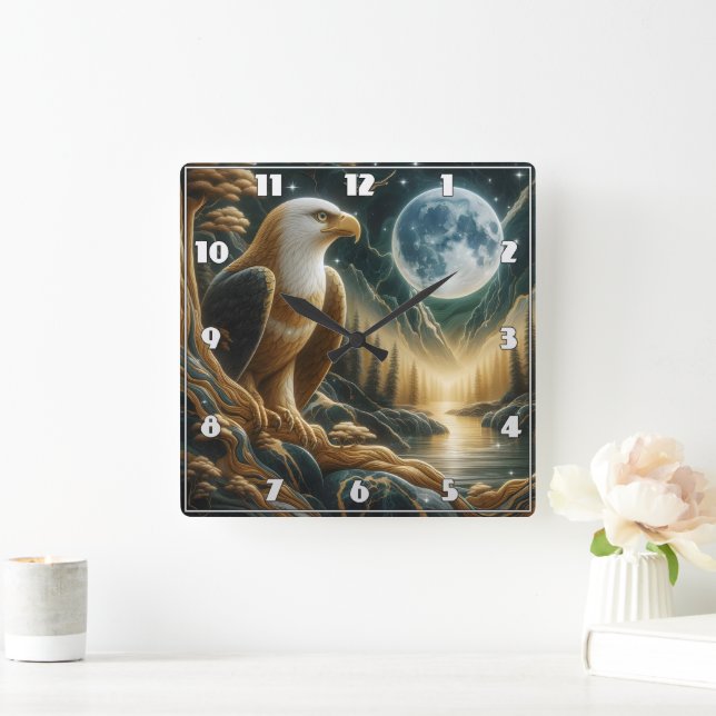 Majestic Eagle Perched by Moonlit River Square Wall Clock (Home)