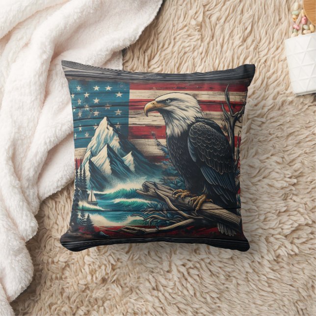 Majestic Eagle Perched by Mountain Lake at Dusk Throw Pillow (Blanket)