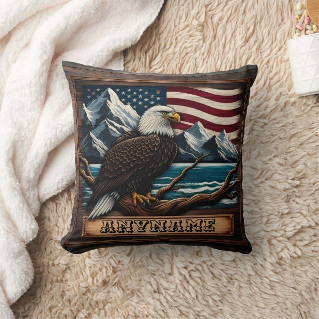 Majestic Eagle Perched By Mountains And Flag Throw Pillow (Blanket)