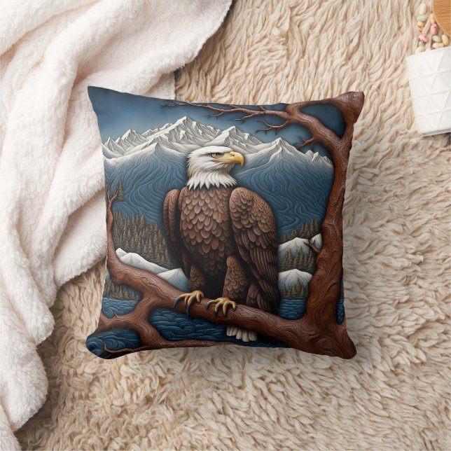 Majestic Eagle Perched by Serene Mountain Lake Throw Pillow (Blanket)