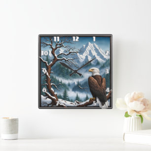 Majestic Eagle Perched in Snowy Mountain Landscape Square Wall Clock