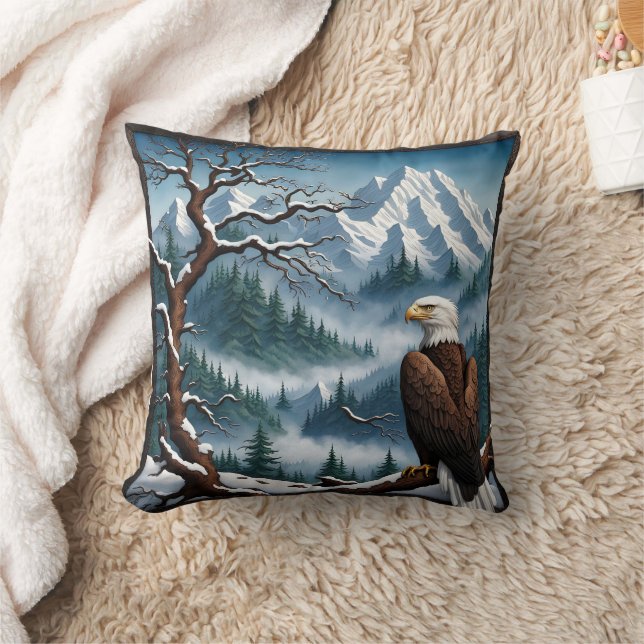 Majestic Eagle Perched in Snowy Mountain Landscape Throw Pillow (Blanket)