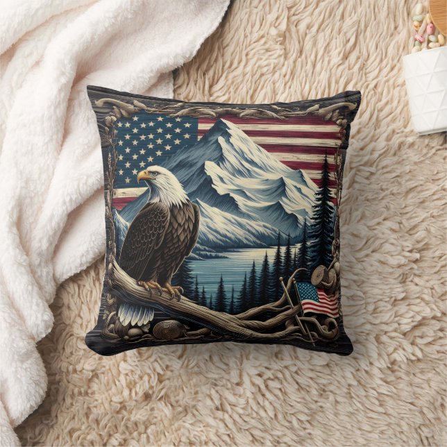 Majestic Eagle Perched Near American Landscape Throw Pillow (Blanket)
