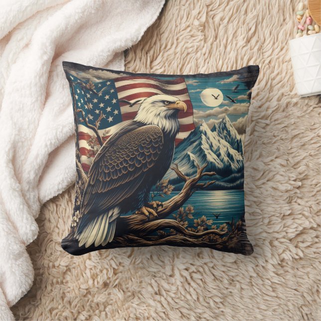 Majestic Eagle Perched Near Mountains and Flag Throw Pillow (Blanket)